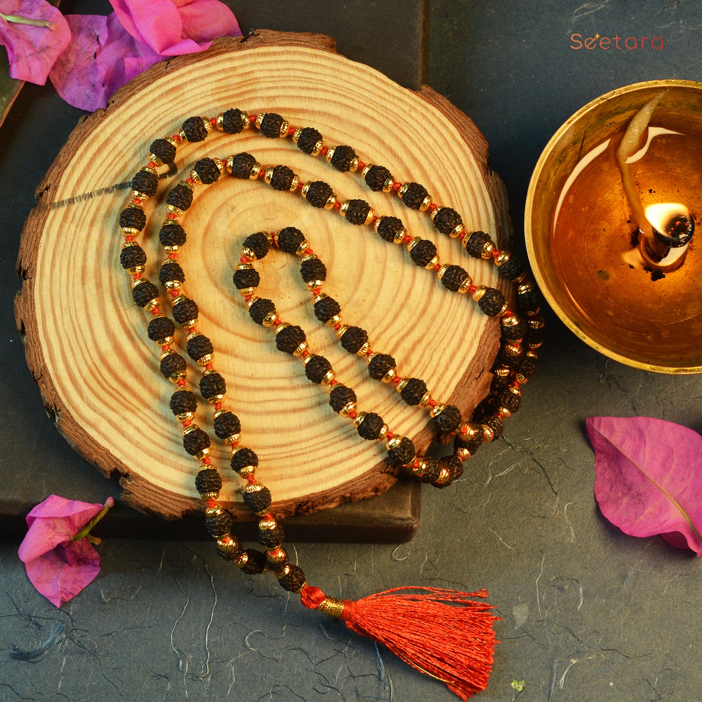 Rudraksha Mala with Gold Capping (Black Colour) (Indonesian)