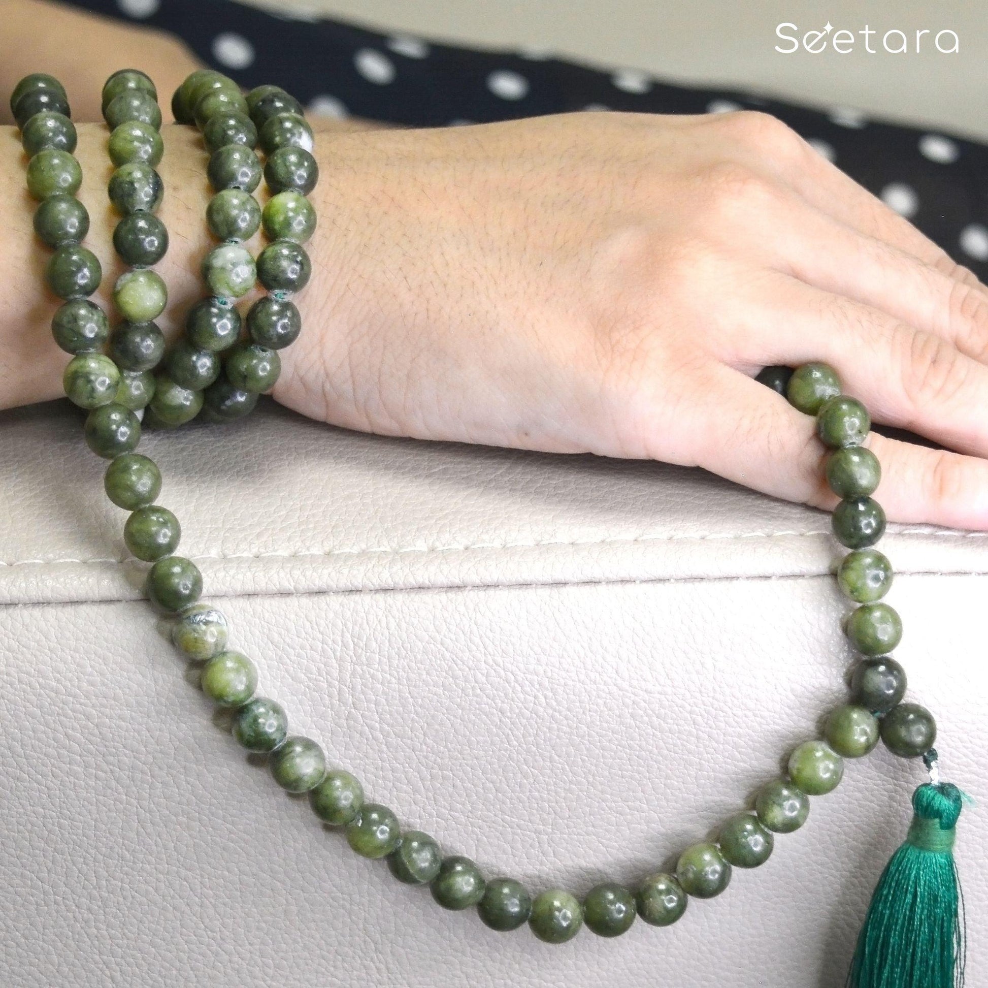 Green Jade Japa Mala | 108 Prayer Beads | For Health & Abundance - Seetara
