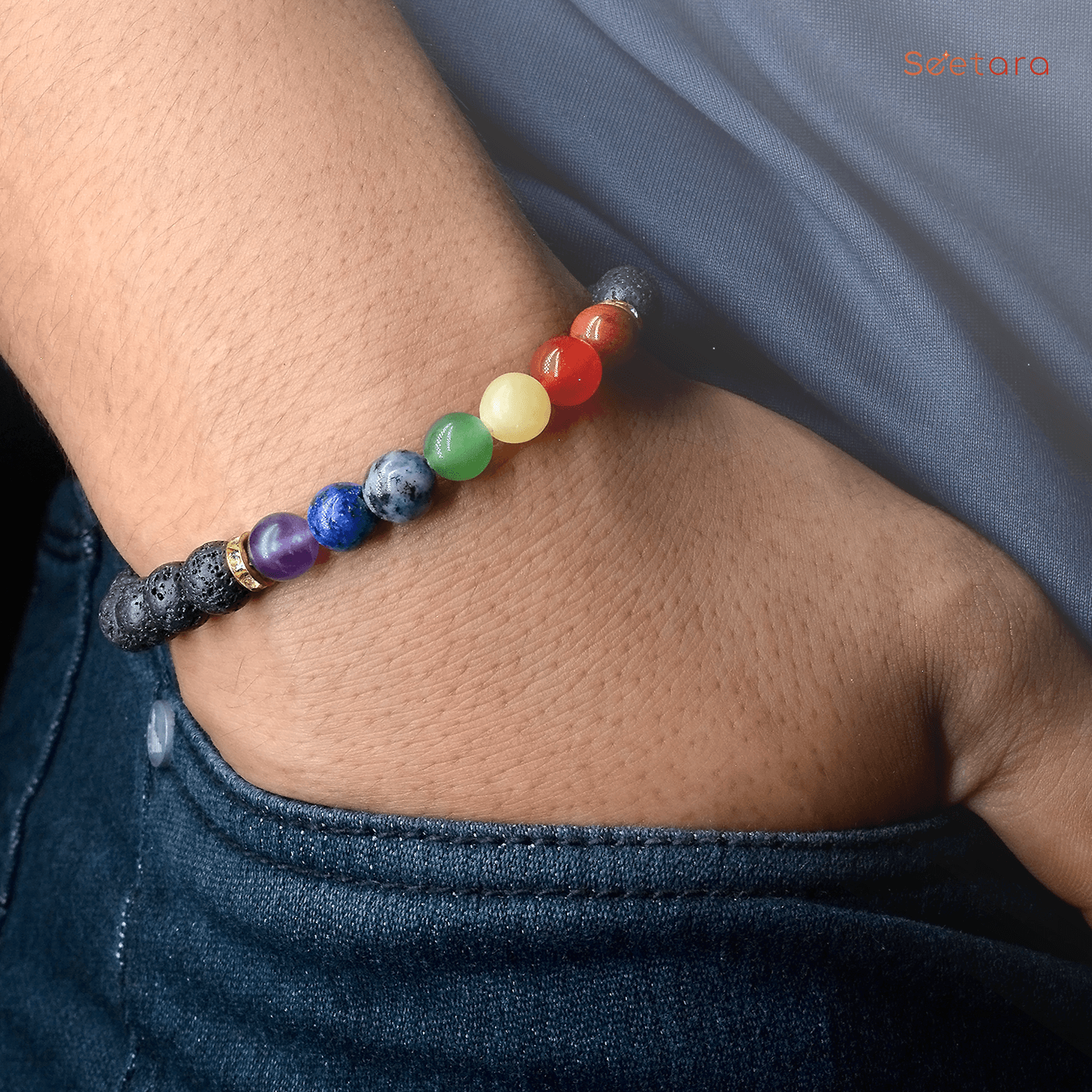 7 Chakra & Lava Stone Healing Bracelet with Hamsa Evil Eye | For Balancing & Protection - Seetara