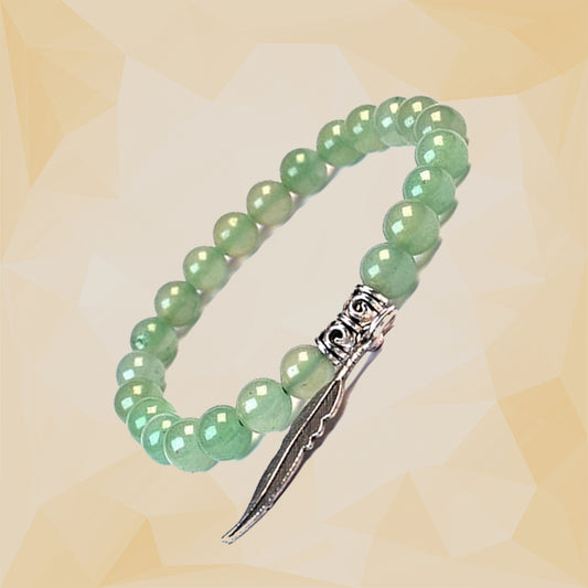 Green Aventurine Healing Crystal Bracelet with Feather Charm | For Abundance, Prosperity, and Happiness
