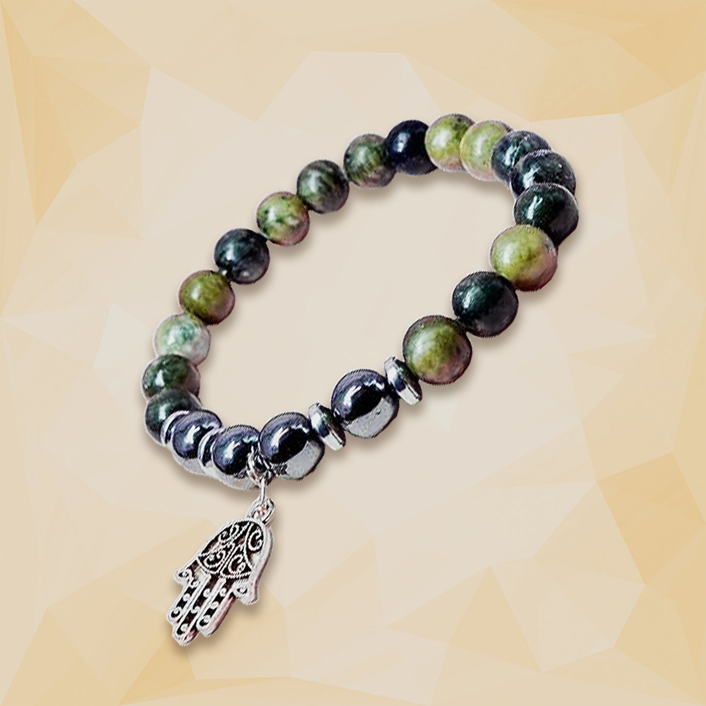 Green Jade & Hematite Healing Crystal Bracelet with Hamsa Charm | For Health & Abundance