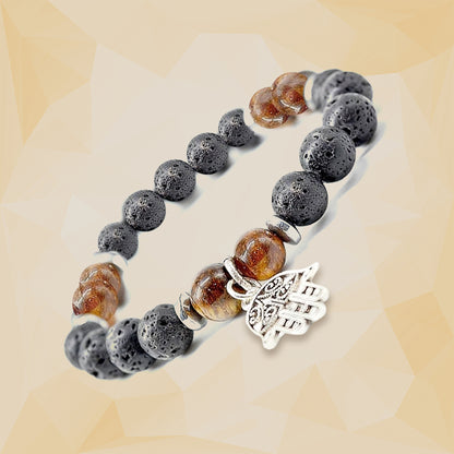 Tiger Eye & Lava Stone Healing Crystal Bracelet with Hamsa Charm | For Courage & Willpower