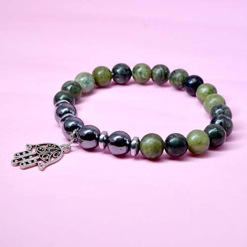 Green Jade & Hematite Healing Crystal Bracelet with Hamsa Charm | For Health & Abundance - Seetara