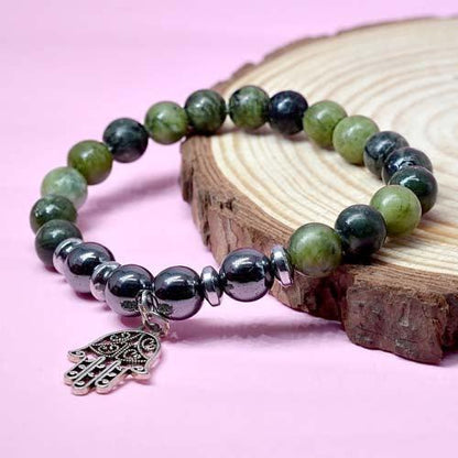 Green Jade & Hematite Healing Crystal Bracelet with Hamsa Charm | For Health & Abundance - Seetara