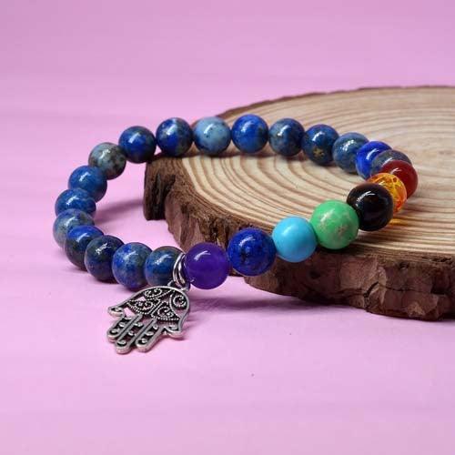 Lapis Lazuli & 7 Chakra Healing Crystal Bracelet with Hamsa Charm - Seetara