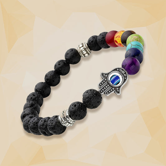 7 Chakra & Lava Stone Healing Bracelet with Hamsa Evil Eye | For Balancing & Protection