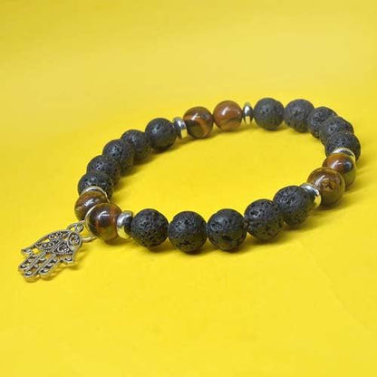 Tiger Eye & Lava Stone Healing Crystal Bracelet with Hamsa Charm | For Courage & Willpower - Seetara